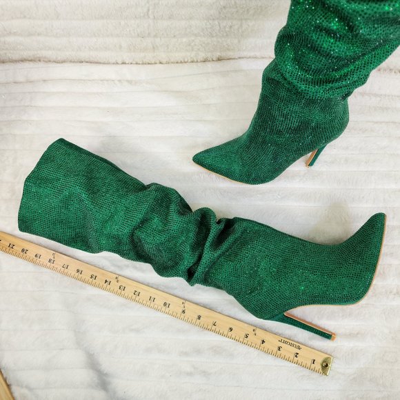 Radiant Emerald Green Rhinestone High Heel Slouch Knee High Boots - Picture 10 of 10